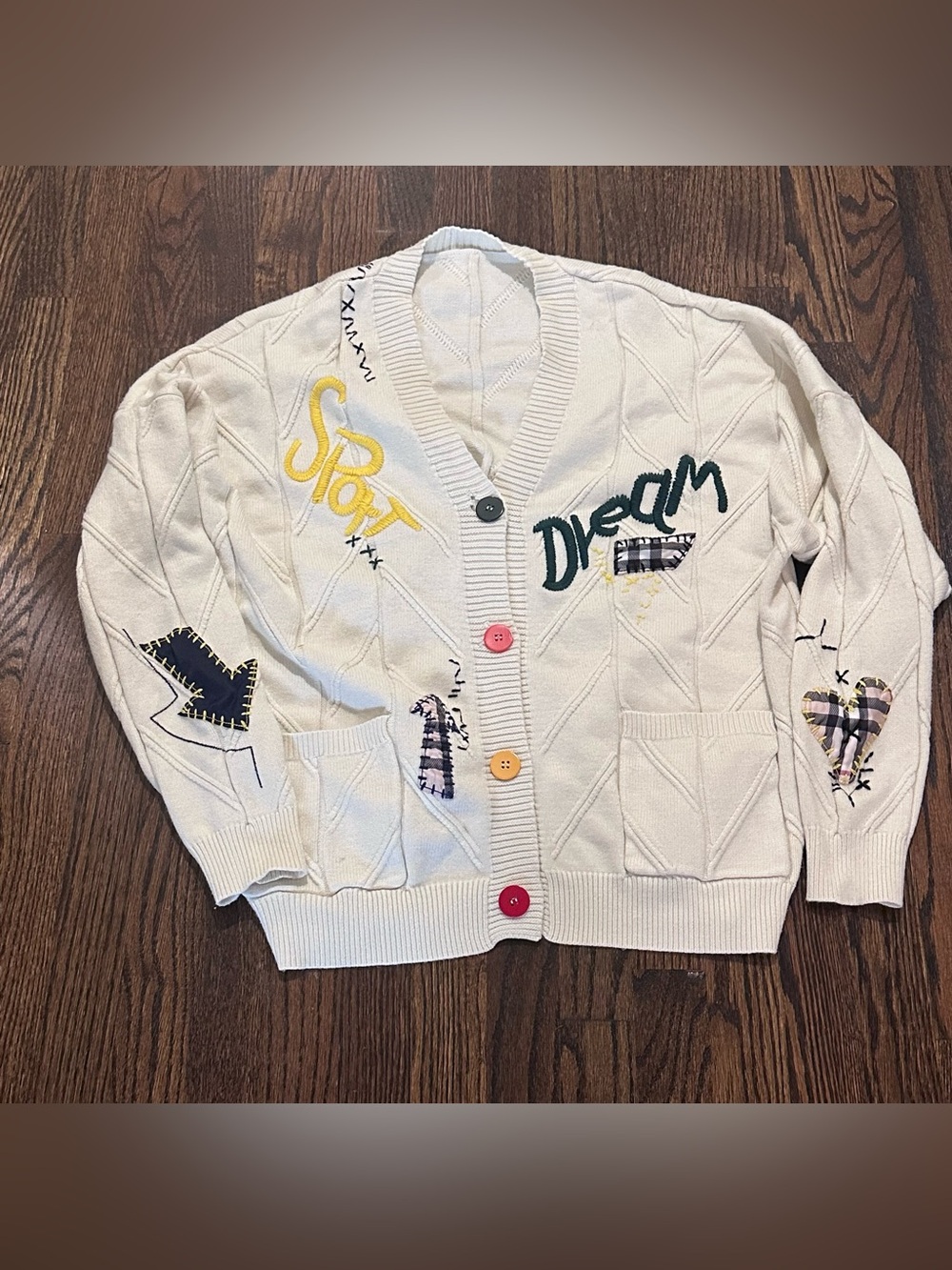 Women’s Cream Embroidered Patch Cardigan Sweater